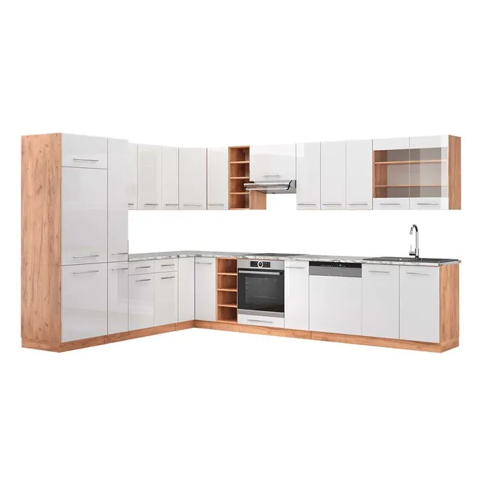 Vicco Cuisine en angle Blanc Haute brillance/Chêne doré 347 x 257 cm plan de travail Marbre