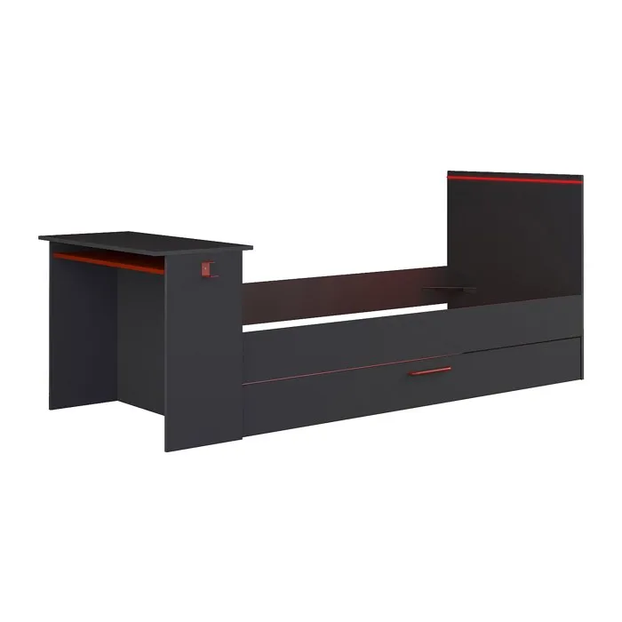 Lit gigogne gamer 2 x 90 x 200 cm - Avec bureau - LEDs - Anthracite et rouge - VOUANI