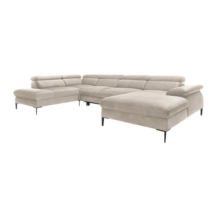 Grand canapé d'angle droit panoramique convertible en velours beige SEPINA