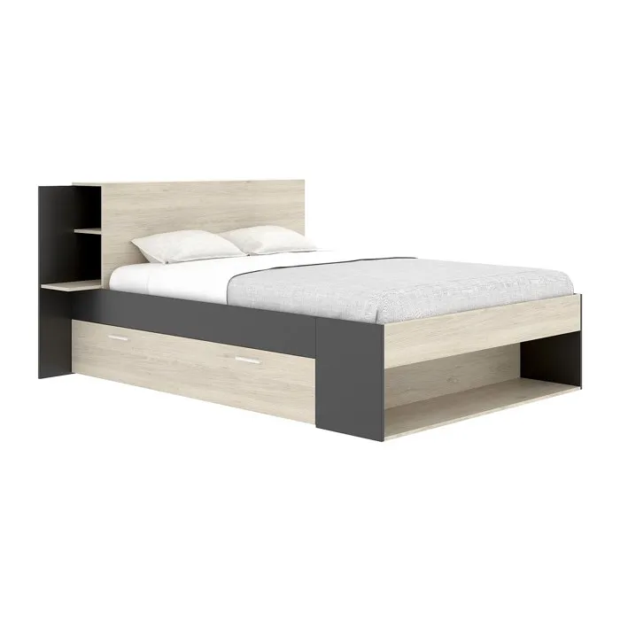 Lit 140 x 190 cm avec rangements - Coloris: Naturel et noir - KEROSIA