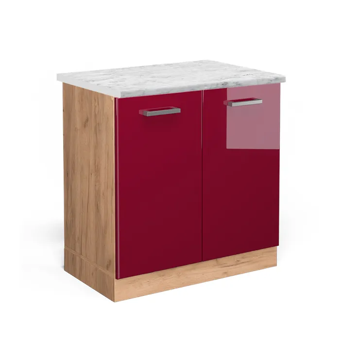 Vicco Meuble bas sous-évier Rouge brillant/Chêne doré 80cm plan de travail Marbre