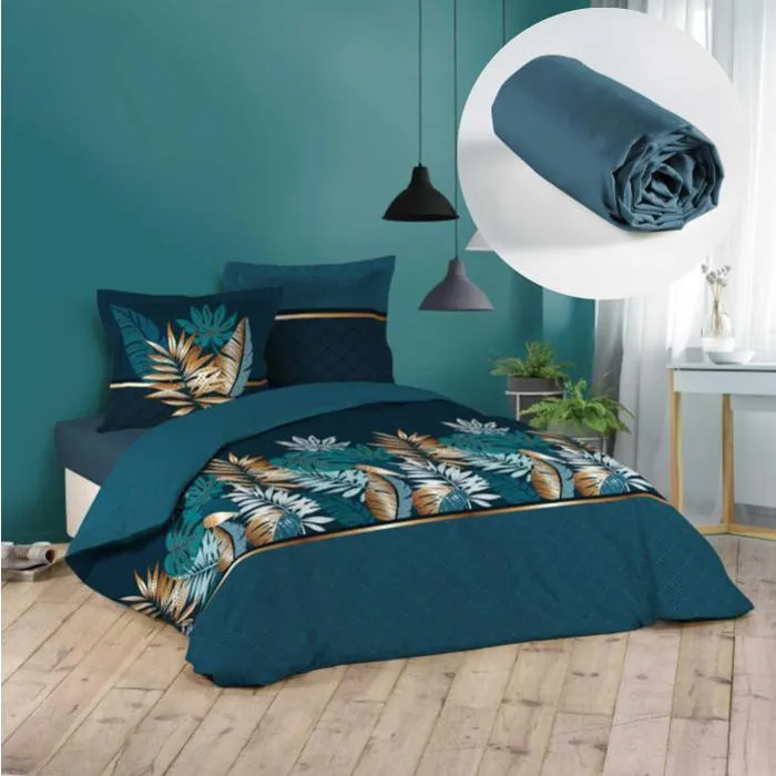 Ensemble parure de couette 260x240 cm Alianor + drap housse 160x200 Bleu