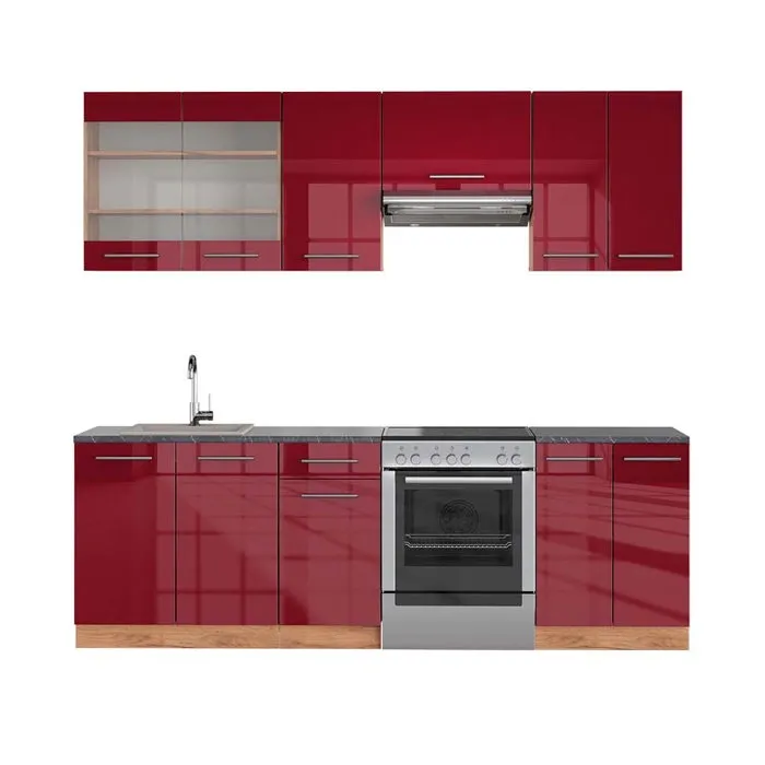 Vicco Cuisine Bordeaux brillant/Chêne doré 240cm, PT Anthracite