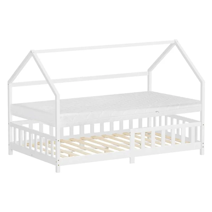 Ml-design Lit Cabane Enfant 120x200 Cm Blanc En Bois Avec Matelas, Antichute, Toit Et Sommier À Lattes, Style Maison, Couchage Au Sol Maisonnette Lit Double Adolescent Fille Garçon Chambre À Coucher