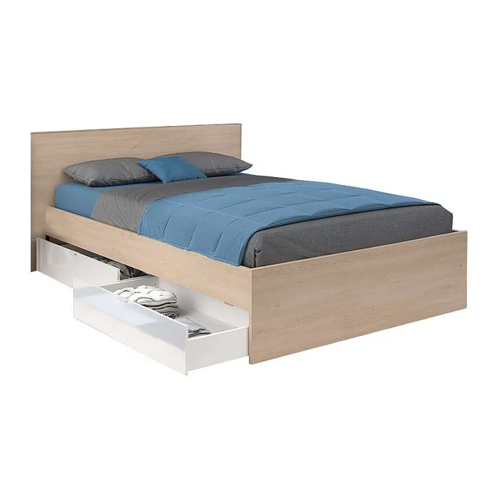 Lit avec 2 tiroirs 140 x 190 cm - Coloris: Naturel et blanc brillant - VELONA