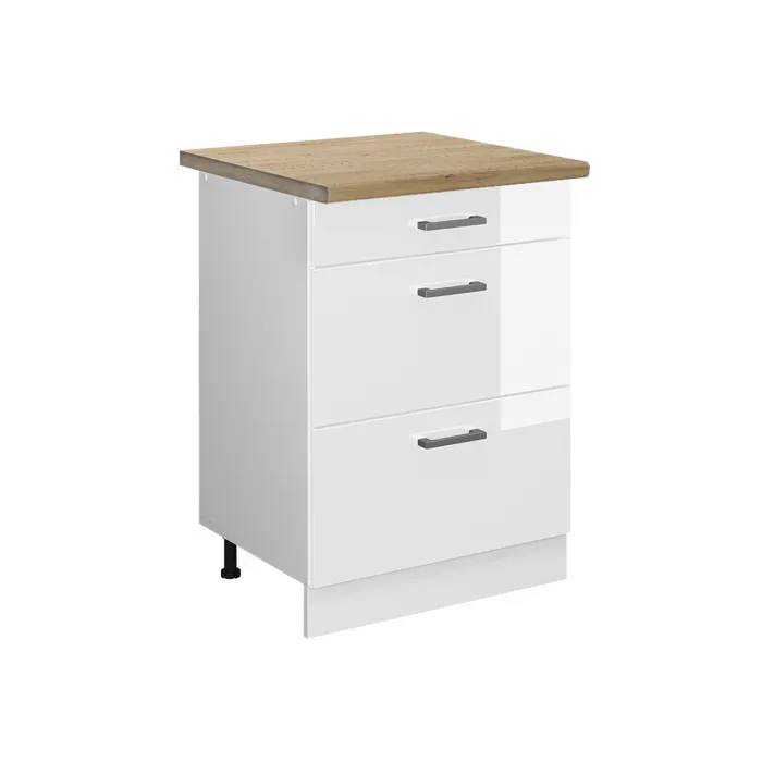 Vicco Meuble cuisine Blanc Haute brillance/Blanc 60cm avec tiroirs plan de travail Chêne doré