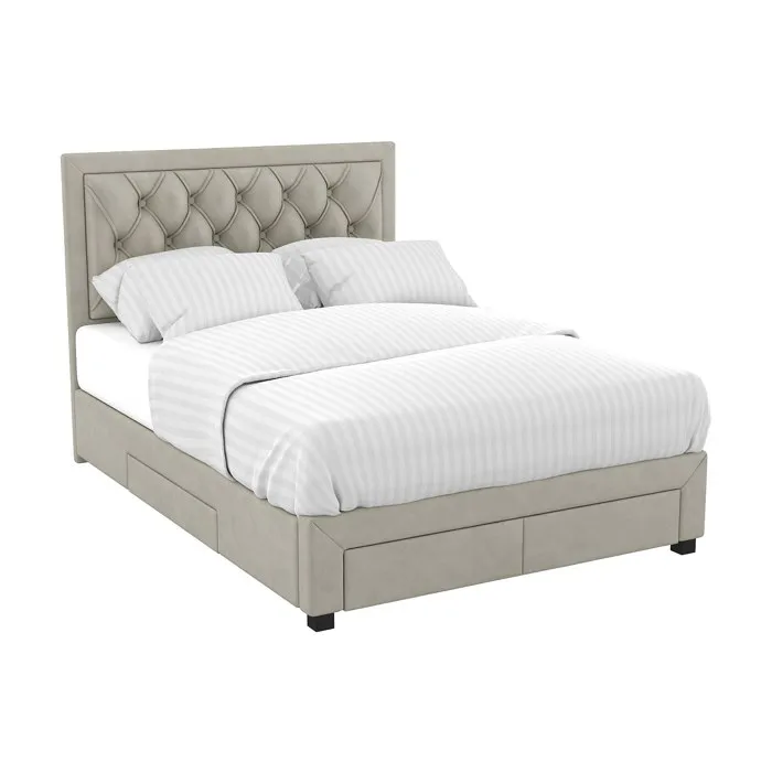 Lit avec tiroirs 140 x 190 cm - Tissu velours - Beige - LEOPOLD