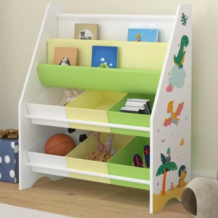 Étagère de rangement Ponteceso pour enfant avec 6 bacs ouverts blanc vert jaune en.casa