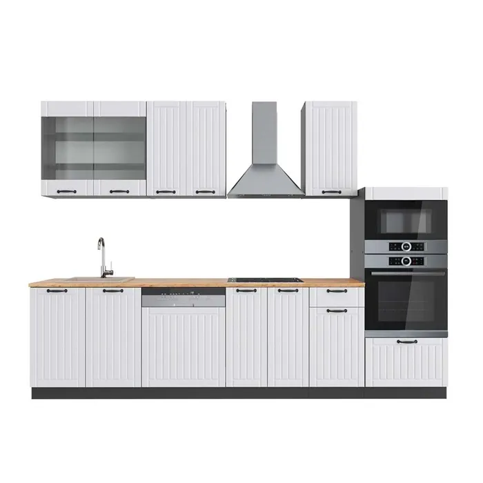 Vicco Cuisine Blanc cottage/anthracite 300cm avec armoire haute, PT Chêne