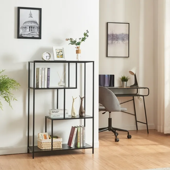 Bibliothèque à 4 niveaux Reisjärvi acier 115 x 75 x 35 cm noir mat en.casa