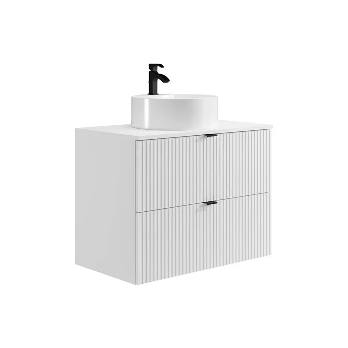 Meuble de salle de bain suspendu strié avec vasque ronde à poser - Blanc mat - 80 cm - ZEVINI
