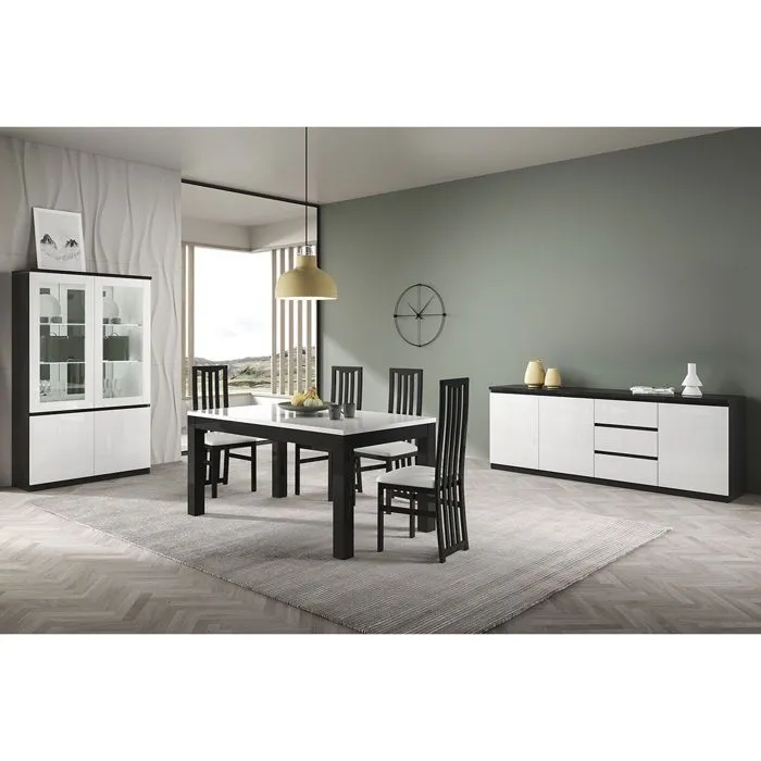 DEYTON - Ensemble Séjour Complet Laqué Noir et Blanc Table 160cm + Buffet + Vitrine avec Leds