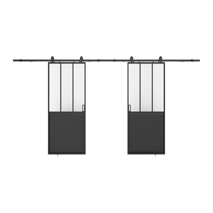 Porte coulissante double atelier avec système en applique - Noir et verre trempé - 2 x H205 x L73 cm - ARTISTO II