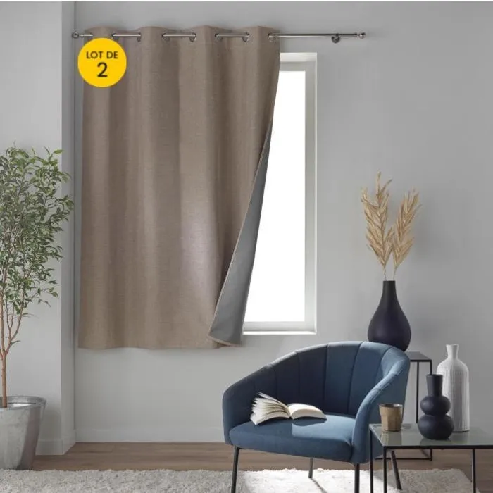 Lot de 2 Rideaux a oeillets 140 x 180 cm 100% occultant thermique Crepuscule Beige