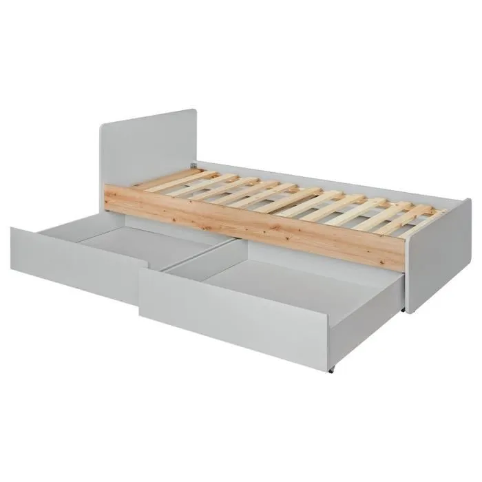 Lit enfant 90x200 collection BIBOU. coloris gris et chene. Tiroirs inclus