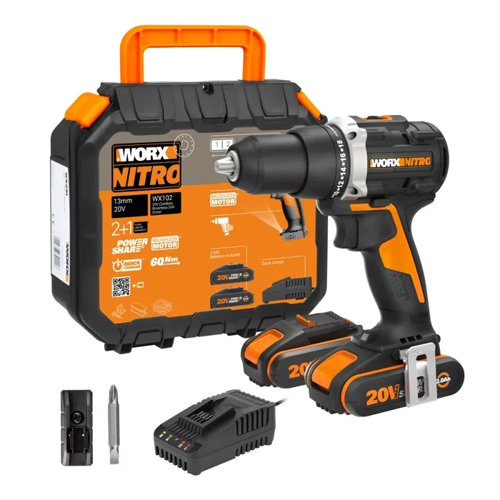 Perceuse-visseuse brushless 20V WORX - WX102 (60 Nm, mandrin 13 mm, 2 vitesses, compacte et légère, 2 batteries 2Ah + chargeur)