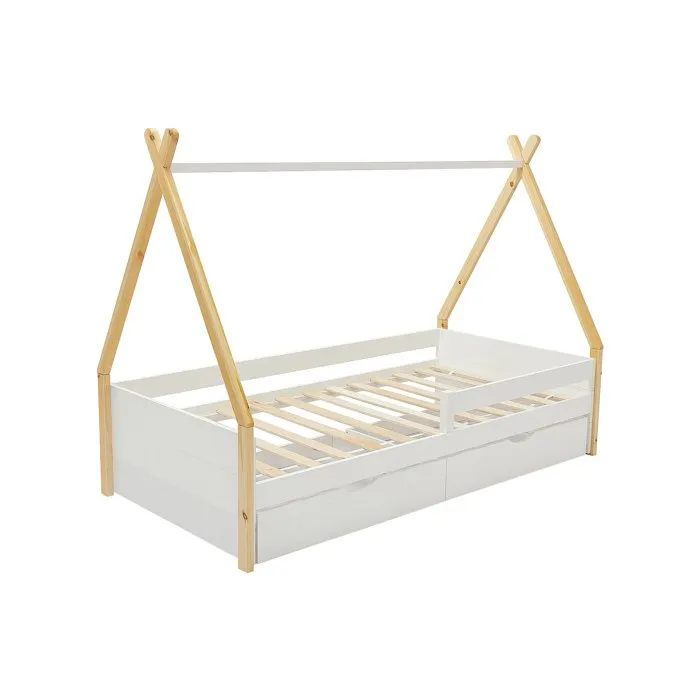 Lit tipi 90 x 190 cm avec tiroirs - Pin et MDF - Coloris: Blanc et naturel - LUANCO