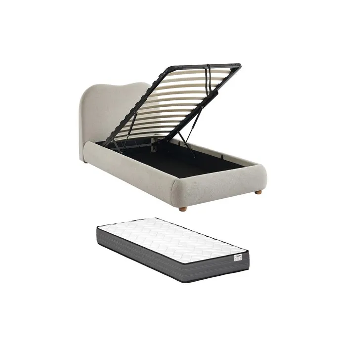 Lit coffre 90 x 190 cm - Tissu - Beige + Matelas - VANARI