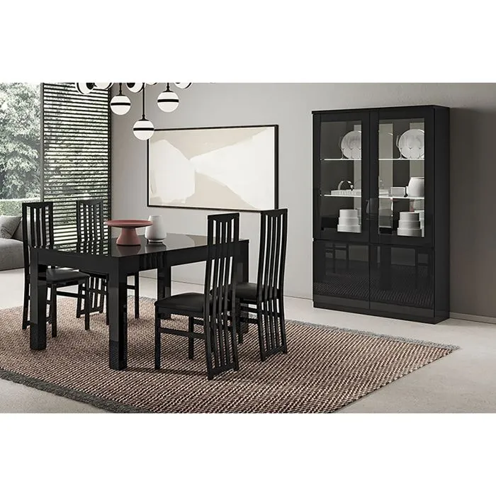 DEYTON - Ensemble Séjour Laqué Noir Table 190cm + Vitrine avec Leds
