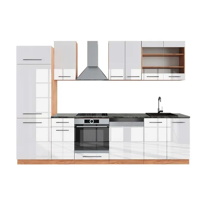 Vicco Cuisine Blanc brillant/Chêne doré 300cm, PT Anthracite