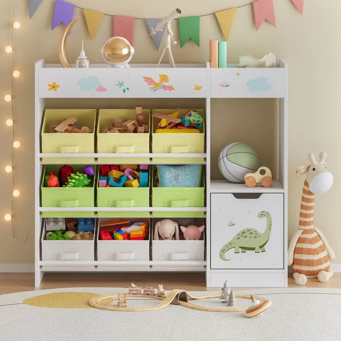 Étagère enfant Soendreland à motif dinosaure 80 x 90 x 30 cm blanc vert jaune en.casa