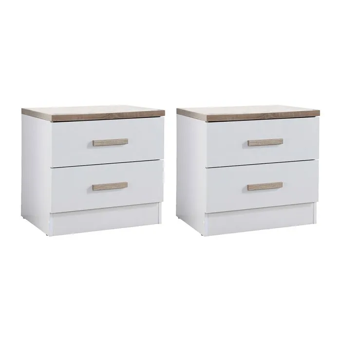 Lot de 2 tables de chevet avec 2 tiroirs - Blanc et naturel - SKAIDO