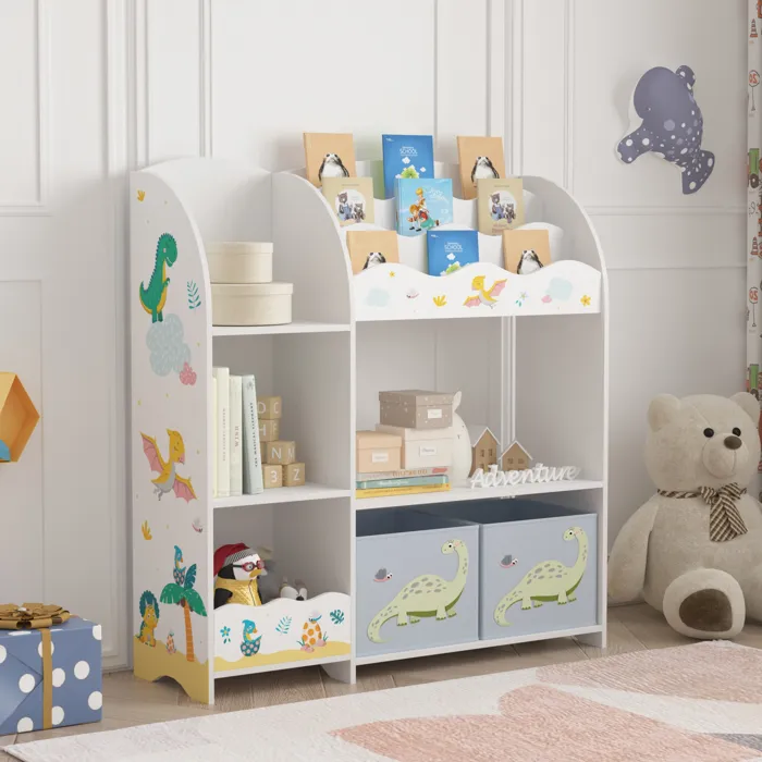 Étagère enfant Lysekil à motif dinosaure 100 x 93 x 30 cm blanc gris en.casa