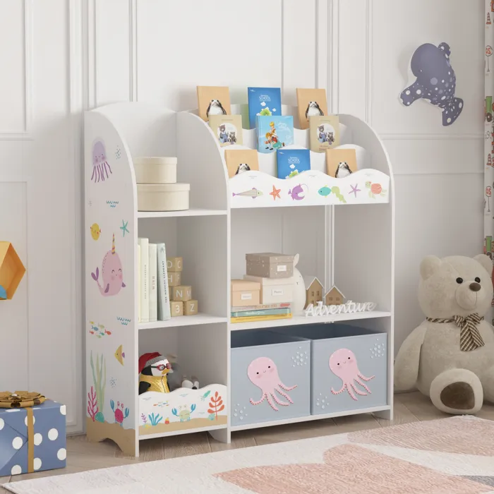 Étagère enfant Lysekil à motif océan 100 x 93 x 30 cm blanc gris en.casa