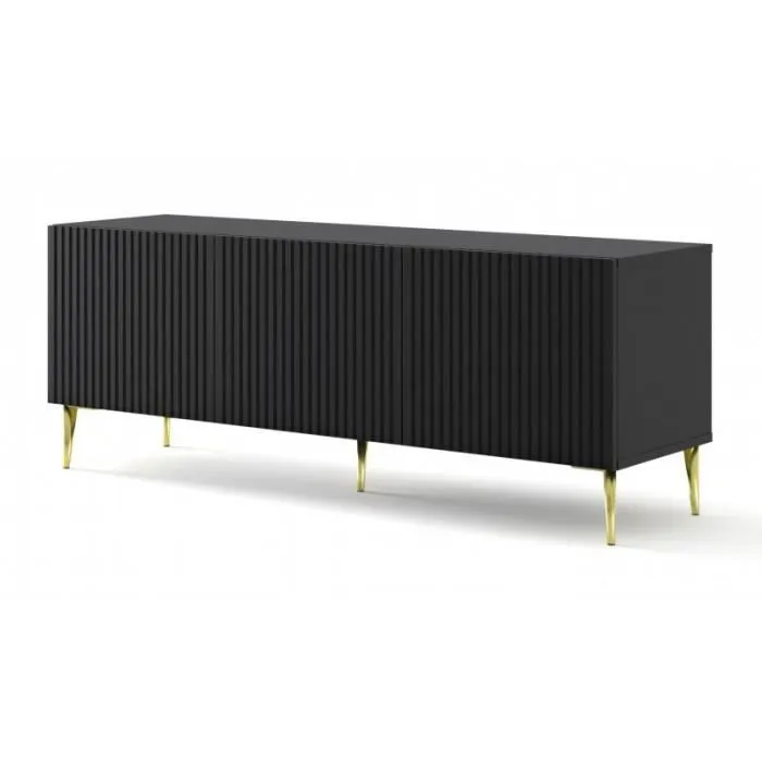 Meuble Tv Ravenna Avec 3 Portes En Bois Et Pieds Dorés - Noir Mat - L 150 X P 42 X H 56 Cm