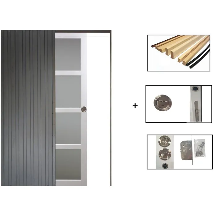 Porte Coulissante Tana Blanc Vitrée H204 X L83 Cm, Galandage, Kit Finition Gd Menuiseries