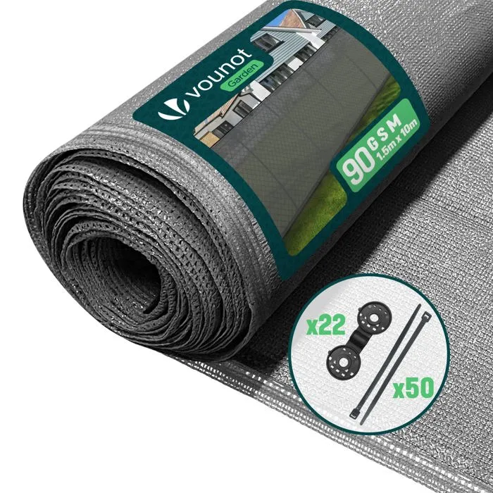 Brise vue occultant en HDPE 90g/m² 1.5x10m avec attaches de fixation gris VOUNOT