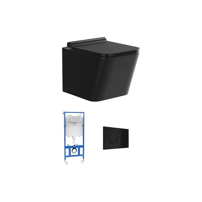 Pack WC suspendu en céramique noir mat avec option bâti-support et plaque de déclenchement ronde - CLEMONA