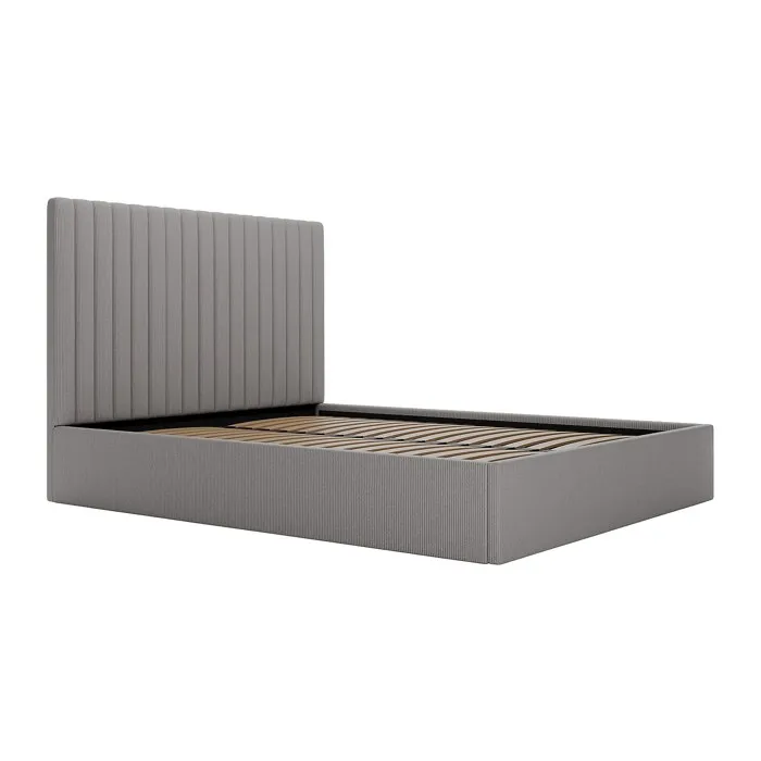 Lit coffre 160 x 200 cm avec tête de lit coutures verticales - Velours côtelé - Gris - SARAH