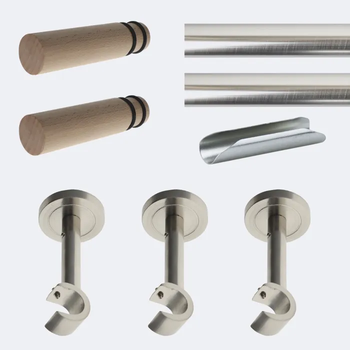 Kit de tringle à rideaux Nickel Mat 300cm Diam.20mm Embout Cylindre Bois - Fixation Mur - Boulet