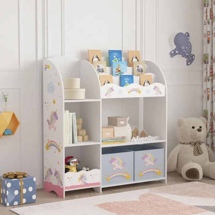 Étagère enfant Lysekil à motif licorne 100 x 93 x 30 cm blanc gris en.casa