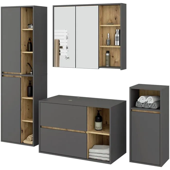 Ensemble de meubles de salle de bains suspendus VAMI avec découpe pour vasque à poser Gris Graphite intérieur Chêne Artisan