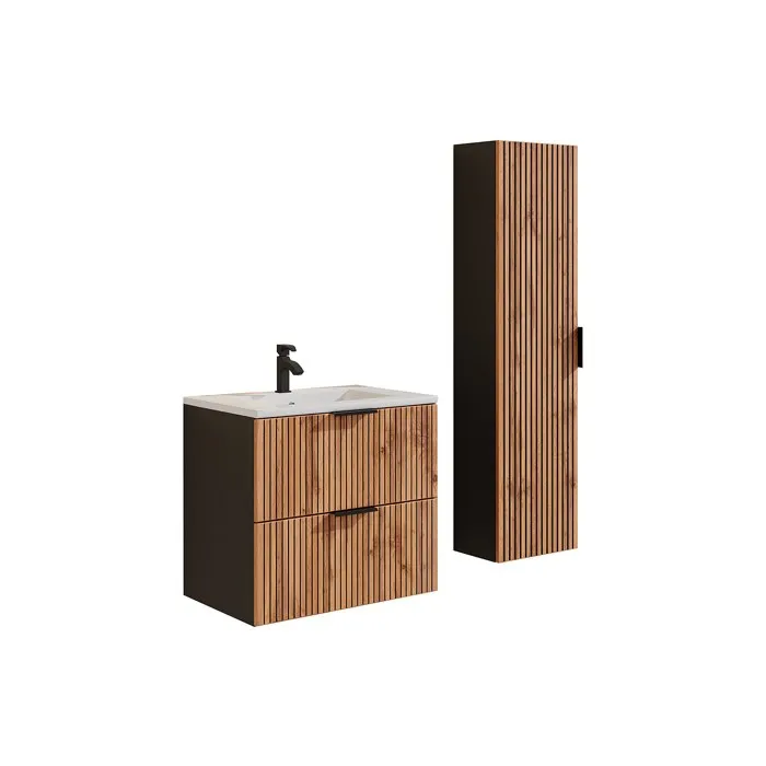 Meuble de salle de bain suspendu strié avec vasque à encastrer et colonne - Naturel clair et noir - 60 cm - MADELA