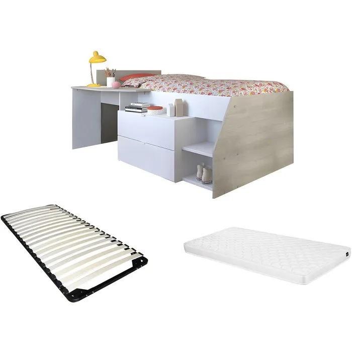 Lit avec bureau et rangements - 90 x 190/200 cm - Blanc et naturel + Sommier + Matelas - GISELE