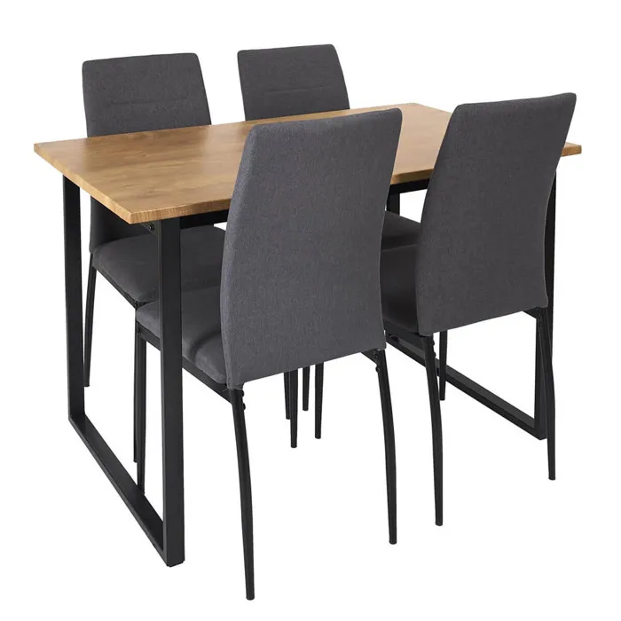 Sergio - Ensemble Table En Mdf Et 4 Chaises En Tissu Gris Pieds Métal Noir