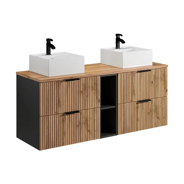 Meuble de salle de bain suspendu strié avec niches et double vasque à poser carrée - Naturel clair - L140 cm - MADELA