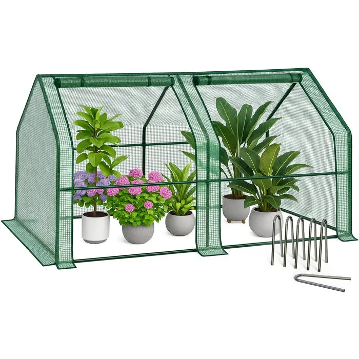 Mini Serre de jardin avec 2 portes enroulables bache PE renforcee 135g/m2 180x90x90cm Vert VOUNOT