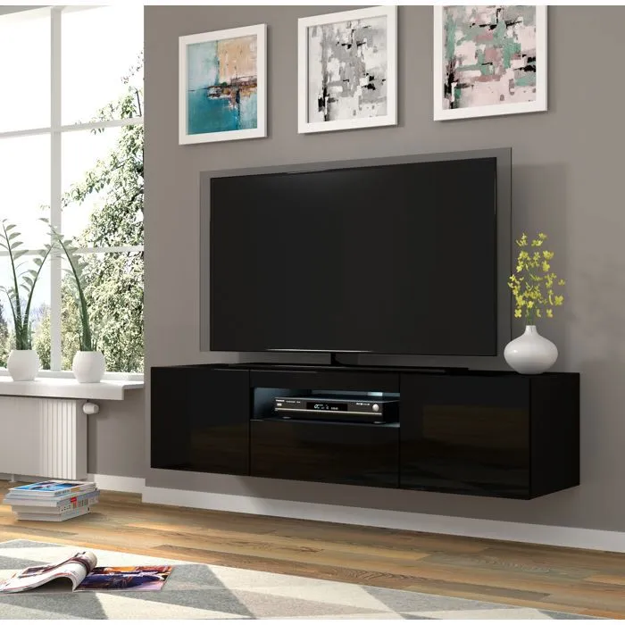 Meuble Tv Aura Avec 3 Portes En Bois Avec Led - Noir Brillant - L 150 X P 37 X H 36-42 Cm