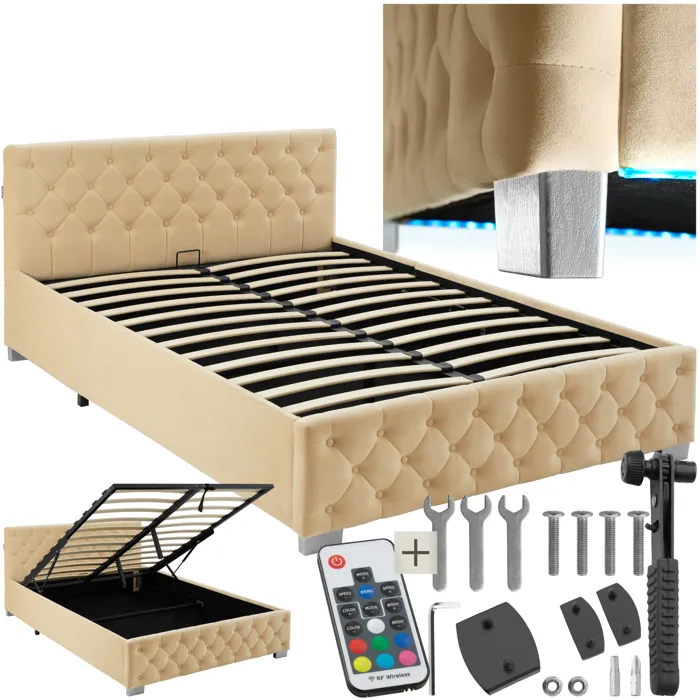 Lit capitonné avec bandes led et espace de rangement 140x200 beige