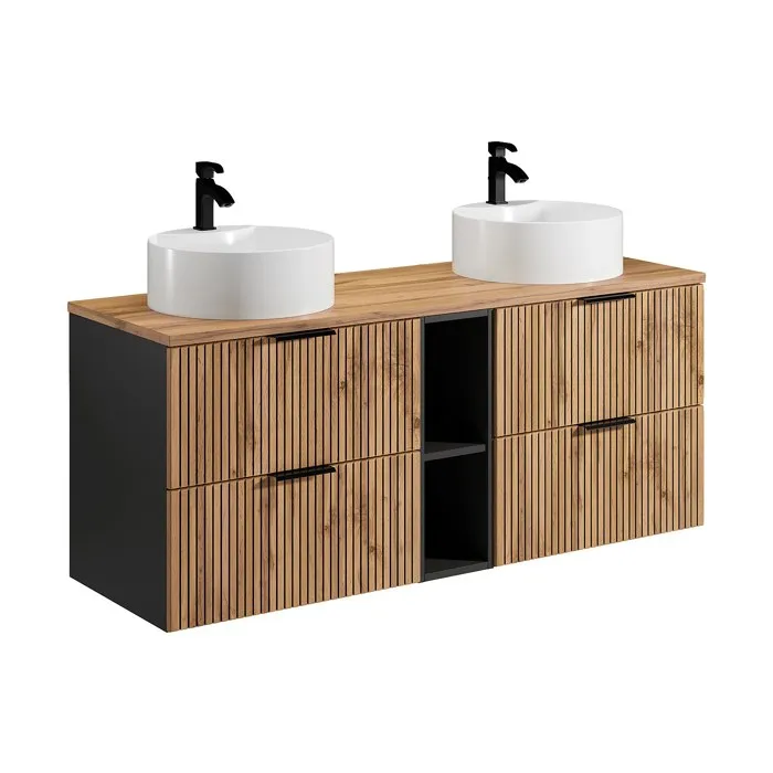 Meuble de salle de bain suspendu strié avec niches et double vasque à poser ronde - Naturel clair - L140 cm - MADELA