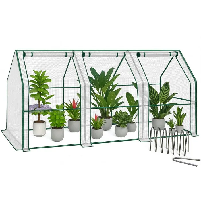 Mini Serre de jardin avec 3 portes enroulables bache PE renforcee 135g/m2 270x90x90cm Blanc VOUNOT