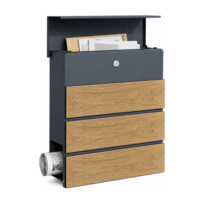 Boîte Aux Lettres Roland Boîte Aux Lettres Murale Moderne Avec Porte-journaux Anthracite Aspect Bois