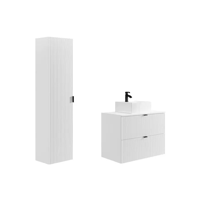 Meuble de salle de bain suspendu strié avec vasque à poser et colonne - Blanc mat - 80 cm - ZEVINI