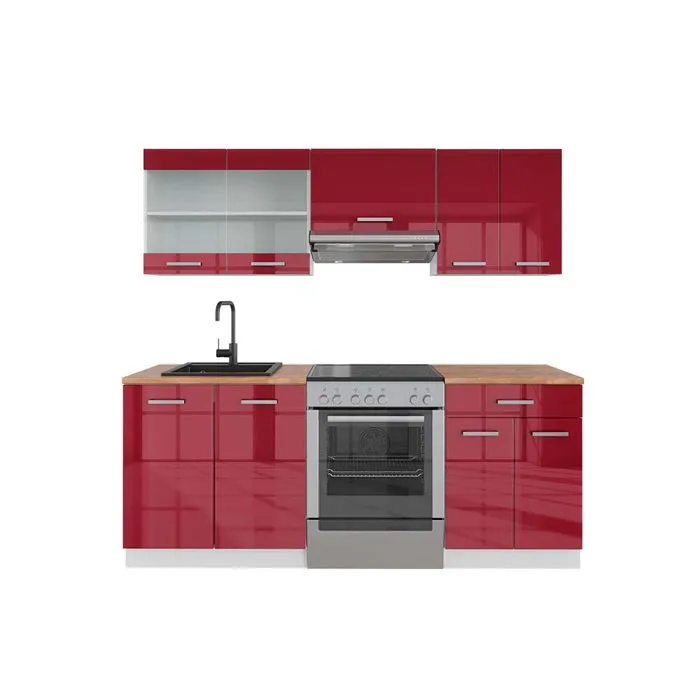 Vicco Cuisine Bordeaux haute brillance/blanc 200cm, PT Chêne
