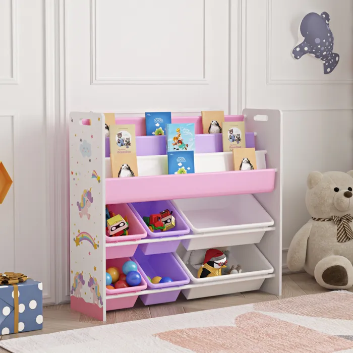 Étagère enfant Roedoey à motif licorne 78 x 86 x 27 cm blanc violet rose en.casa