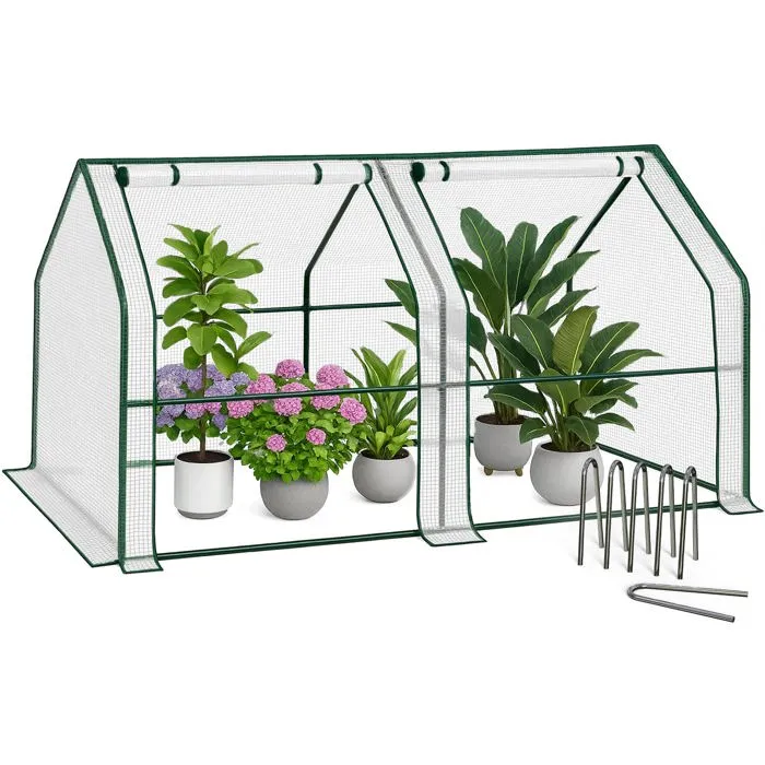 Mini Serre de jardin avec 2 portes enroulables bache PE renforcee 135g/m2 180x90x90cm Blanc VOUNOT